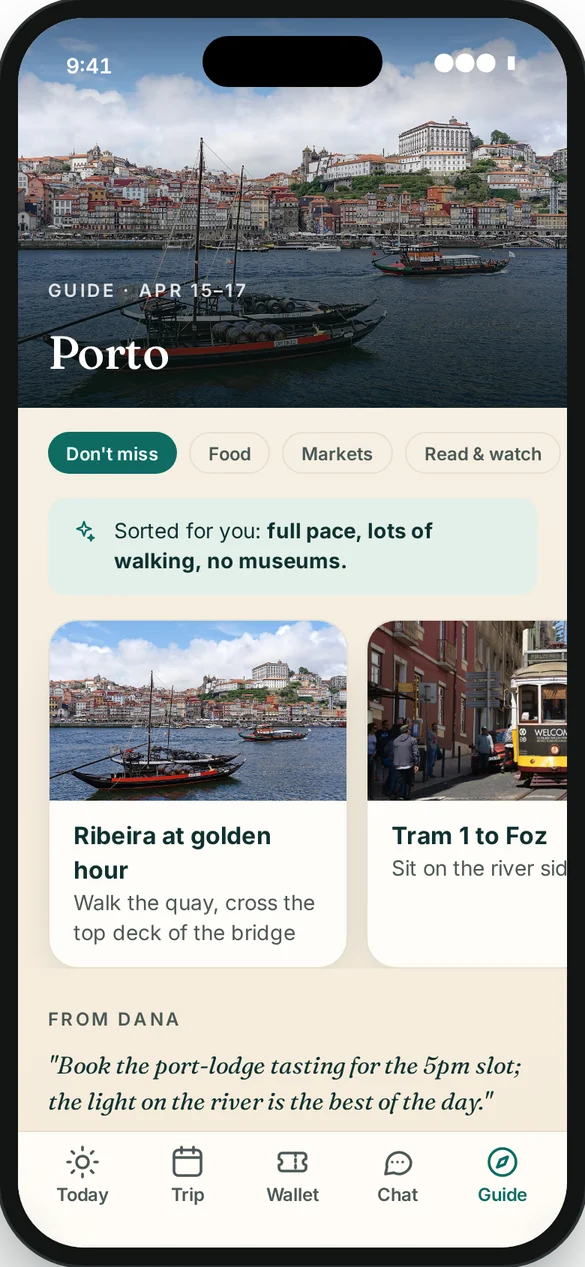 Guide screen for Porto, sorted to the traveller's pace