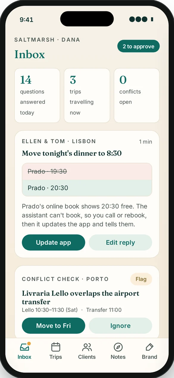 Advisor Inbox screen with a dinner-time change waiting for approval