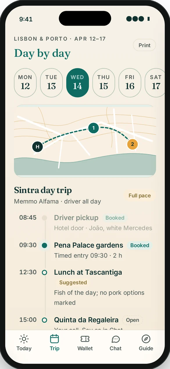 Day-by-day screen: a map and a timeline of booked, suggested and open stops