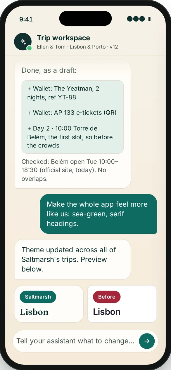 Trip workspace: the advisor tells the assistant what to change